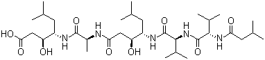 structure of CAS# 26305-03-3, Pepstatin;Pepstatin A; ; N-Isovaleryl-L-valyl-L-valyl-3-hydroxy-6-methyl-gamma-aminoheptanoyl-L-alanyl-3-hydroxy-6-methyl-gamma-aminoheptanoic acid; (3S,4S)-3-Hydroxy-4-[[(2S)-2-[[(3S,4S)-3-hydroxy-6-methyl-4-[[(2S)-3-methyl-2-[[(2S)-3-methyl-2-(3-methylbutanoylamino)butanoyl]amino]butanoyl]amino]heptanoyl]amino]propanoyl]amino]-6-methylheptanoic acid