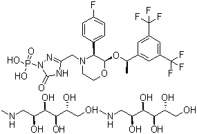 structure of CAS# 265121-04-8, 1-Deoxy-1-(methylamino)-D-glucitol [3-[[(2R,3S)-2-[(1R)-1-[3,5-bis(trifluoromethyl)phenyl]ethoxy]-3-(4-fluorophenyl)-4-morpholinyl]methyl]-2,5-dihydro-5-oxo-1H-1,2,4-triazol-1-yl]phosphonate