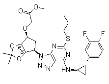 2-[[(3aR,4S,6R,6aS)-6-[7-[[(1R,2S)-2-(3,4-Difluorophenyl)cyclopropyl]amino]-5-(propylthio)-3H-1,2,3-triazolo[4,5-d]pyrimidin-3-yl]tetrahydro-2,2-dimethyl-4H-cyclopenta-1,3-dioxol-4-yl]oxy]-acetic acid methyl ester molecular structure (CAS 274693-25-3)
