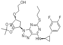 结构式 CAS# 274693-26-4, 2-[[(3aS,4R,6S,6aa)-4-[7-[[(1R,2S)-2-(3,4-二氟苯基)环丙基]氨基]-5-(丙硫基)-3H-[1,2,3]三氮唑并[4,5-d]嘧啶-3-基]-2,2-二甲基-四氢-3aH-环戊烯并[d][1,3]二恶茂-6-基]氧基]乙醇; 异亚丙基替卡格雷