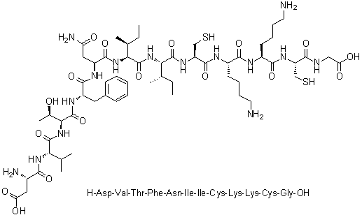 L-alpha-天冬氨酰-L-缬氨酰-L-苏氨酰-L-苯丙氨酰-L-天冬氨酰胺酰-L-异亮氨酰-L-异亮氨酰-L-半胱氨酰-L-赖氨酰-L-赖氨酰-L-半胱氨酰-甘氨酸分子结构 (CAS 289618-75-3)