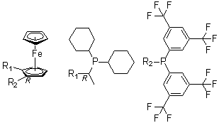 structure of CAS# 292638-88-1, Josiphos-SL-J006-1;(1R)-1-[Bis[3,5-bis(trifluoromethyl)phenyl]phosphino]-2-[(1R)-1-(dicyclohexylphosphino)ethyl]ferrocene; SL-J006-1