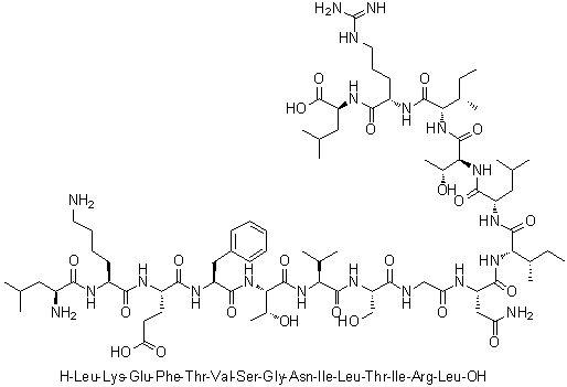 L-Leucyl-L-lysyl-L-alpha-glutamyl-L-phenylalanyl-L-threonyl-L-valyl-L-serylglycyl-L-asparaginyl-L-isoleucyl-L-leucyl-L-threonyl-L-isoleucyl-L-arginyl-L-leucine molecular structure (CAS 302897-85-4)