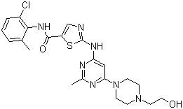 structure of CAS# 302962-49-8, Dasatinib;BMS 354825; N-(2-Chloro-6-methylphenyl)-2-[[6-[4-(2-hydroxyethyl)piperazin-1-yl]-2-methylpyrimidin-4-yl]amino]-1,3-thiazole-5-carboxamide