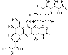 O-6-Deoxy-alpha-L-galactopyranosyl-(1→2)-O-beta-D-galactopyranosyl-(1→4)-O-2-(acetylamino)-2-deoxy-beta-D-glucopyranosyl-(1→3)-O-beta-D-galactopyranosyl-(1→4)-D-glucose molecular structure (CAS 30517-76-1)