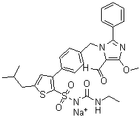 N-[(Ethylamino)carbonyl]-3-[4-[(5-formyl-4-methoxy-2-phenyl-1H-imidazol-1-yl)methyl]phenyl]-5-(2-methylpropyl)-2-thiophenesulfonamide monosodium salt molecular structure (CAS 306288-04-0)