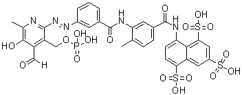 8-[[3-[[3-[[4-Formyl-5-hydroxy-6-methyl-3-[(phosphonooxy)methyl]-2-pyridinyl]azo]benzoyl]amino]-4-methylbenzoyl]amino]-1,3,5-naphthalenetrisulfonic acid molecular structure (CAS 312965-57-4)