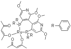(OC-6-22)-[(3R)-4,4'-Bis(diphenylphosphino)-2,2',6,6'-tetramethoxy-3,3'-bipyridine]bis(2,4-pentanedionato)ruthenium molecular structure (CAS 316829-35-3)