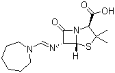 结构式 CAS# 32887-01-7, 美西林; 氮脒青霉素; (2S,5R,6R)-6-(氮杂卓烷-1-基亚甲基氨基)-3,3-二甲基-7-氧代-4-硫杂-1-氮杂双环[3.2.0]庚烷-2-羧酸