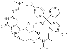 5'-O-[Bis(4-methoxyphenyl)phenylmethyl]-2'-deoxy-N-[(dimethylamino)methylene]guanosine 3'-[2-cyanoethyl bis(1-methylethyl)phosphoramidite] molecular structure (CAS 330628-04-1)