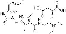 structure of CAS# 341031-54-7, Sunitinib malate;N-(2-(Diethylamino)ethyl)-5-((Z)-(5-fluoro-1,2-dihydro-2-oxo-3H-indol-3-ylidene)methyl)-2,4-dimethyl-1H-pyrrole-3-carboxamide (2S)-hydroxybutanedioate