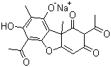 structure of CAS# 34769-44-3, Sodium usnate;Sodium 4,8-diacetyl-3-hydroxy-2,9a-dimethyl-7,9-dioxodibenzofuran-1-olate; 2,6-Diacetyl-7,9-dihydroxy-8,9b-dimethyldibenzofuran-1,3(2H,9bH)-dione monosodium salt