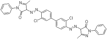 structure of CAS# 3520-72-7, Pigment Orange 13;C.I. 21110; 4,4'-[(3,3'-Dichloro[1,1'-biphenyl]-4,4'-diyl)bis(azo)]bis[2,4-dihydro-5-methyl-2-phenyl-3H-pyrazol-3-one]