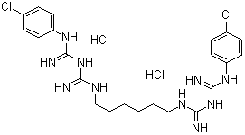 structure of CAS# 3697-42-5, Chlorhexidine hydrochloride;Chlorhexidine dihydrochloride; Hexamethylenebis(5-(p-chlorophenyl)biguanide) dihydrochloride; Hibitane chlorhexidine dihydrochloride; 1,1'-Hexamethylenebis(5-(p-chlorophenyl))-biguanide dihydrochloride; AY 5312