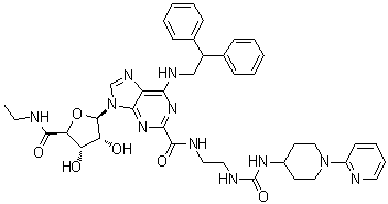 1-Deoxy-1-[6-[(2,2-diphenylethyl)amino]-2-[[[2-[[[[1-(2-pyridinyl)-4-piperidinyl]amino]carbonyl]amino]ethyl]amino]carbonyl]-9H-purin-9-yl]-N-ethyl-beta-D-ribofuranuronamide molecular structure (CAS 380221-63-6)