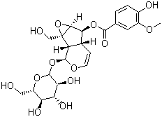 structure of CAS# 39012-20-9, Picroside II;Amphicoside II; Vanilloyl catalpol; (1aS-(1aalpha,1bbeta,2beta,5abeta,6beta,6aalpha))-1a,1b,2,5a,6,6a-Hexahydro-6-((4-hydroxy-3-methoxybenzoyl)oxy)-1a-(hydroxymethyl)oxireno(4,5)cyclopenta(1,2-c)pyran-2-yl-beta-D-glucopyranoside