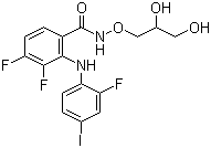 structure of CAS# 391210-10-9, PD 0325901;N-[(2R)-2,3-Dihydroxypropoxy]-3,4-difluoro-2-[(2-fluoro-4-iodophenyl)amino]benzamide