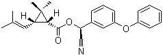结构式 CAS# 39515-40-7, 苯氰菊酯; 右旋苯醚氰菊酯; 右旋-顺反式-2,2-二甲基-3-(2-甲基-1-丙烯基)环丙烷羧酸-(+/-)-2-氰基-3-苯氧基苄基酯