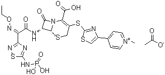 structure of CAS# 400827-46-5, Ceftaroline fosamil acetate;4-[2-[[(6R,7R)-2-Carboxy-7-[[(2Z)-(ethoxyimino)[5-(phosphonoamino)-1,2,4-thiadiazol-3-yl]acetyl]amino]-8-oxo-5-thia-1-azabicyclo[4.2.0]oct-2-en-3-yl]thio]-4-thiazolyl]-1-methylpyridinium acetate; PPI 0903; TAK 599; Teflaro; Zinforo