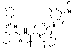 structure of CAS# 402957-28-2, Telaprevir;(1S,3aR,6aS)-(2S)-2-Cyclohexyl-N-(pyrazinylcarbonyl)glycyl-3-methyl-L-valyl-N-((1S)-1-((cyclopropylamino)oxoacetyl)butyl)octahydrocyclopenta[c]pyrrole-1-carboxamide