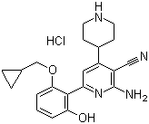 结构式 CAS# 406209-26-5, 2-氨基-6-[2-(环丙基甲氧基)-6-羟基苯基]-4-(4-哌啶基)-3-吡啶甲腈盐酸盐