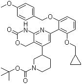 structure of CAS# 406213-01-2, 3-[7-[2-(Cyclopropylmethoxy)-6-[(4-methoxyphenyl)methoxy]phenyl]-1,4-dihydro-2-oxo-2H-pyrido[2,3-d][1,3]oxazin-5-yl]-1-piperidinecarboxylic acid tert-butyl ester