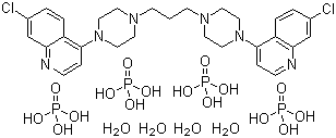 结构式 CAS# 4085-31-8, 磷酸哌喹; 1,3-双[4-(7-氯-喹啉-4-基)哌嗪-1-基]丙烷四磷酸盐四水合物
