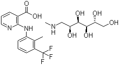 结构式 CAS# 42461-84-7, 氟尼辛葡甲胺; 氟尼辛; 氟胺烟酸葡甲胺; 2-[[2-甲基-3-(三氟甲基)苯基]氨基]-3-吡啶甲酸 1-甲胺基-1-去氧山梨醇盐