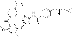 结构式 CAS# 439575-02-7, BMS 509744; N-(5-((5-(4-乙酰基哌嗪-1-甲酰基)-4-甲氧基-2-甲基苯基)硫基)噻唑-2-基)-4-(((3,3-二甲基丁烷-2-基)氨基)甲基)苯甲酰胺