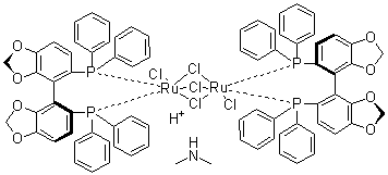 structure of CAS# 488809-34-3, Dimethylammonium dichlorotri(mu-chloro)bis[(S)-(-)-5,5'-bis(diphenylphosphino)-4,4'-bi-1,3-benzodioxole]diruthenate(II)