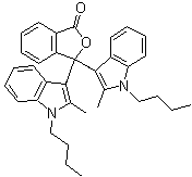 structure of CAS# 50292-91-6, 3,3-Bis(1-butyl-2-methylindol-3-yl)phthalide;3,3-Bis(1-n-butyl-2-methylindol-3-yl)phthalide; Copikem 20; Copikem 20 Magenta; Copikem Magenta; Copikem Magenta 20; Copikem XX; Red 40; Yamamoto Red 40