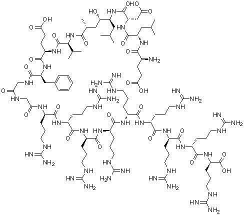 L-alpha-Glutamyl-L-leucyl-L-alpha-aspartyl-(2R,4S,5S)-5-amino-4-hydroxy-2,7-dimethyloctanoyl-L-valyl-L-alpha-glutamyl-L-phenylalanylglycylglycyl-D-arginyl-D-arginyl-D-arginyl-D-arginyl-D-arginyl-D-arginyl-D-arginyl-D-arginyl-D-arginine molecular structure (CAS 527674-72-2)