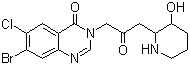 structure of CAS# 55837-20-2, Halofuginone;7-Bromo-6-chloro-3-[3-[(2R,3S)-3-hydroxy-2-piperidyl]-2-oxopropyl]-4(3H)-quinazolinone