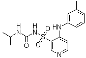 结构式 CAS# 56211-40-6, 托拉塞米; 1-[4-(3-甲基苯基)氨基吡啶-3-基]磺酰-3-异丙基脲; N-[[(1-甲基乙基)氨基]羰基]-4-[(3-甲基苯基)氨基]-3-吡啶磺酰胺