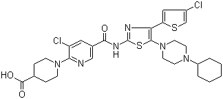 结构式 CAS# 570406-98-3, 1-[3-氯-5-[[[4-(4-氯-2-噻吩基)-5-(4-环己基-1-哌嗪基)-2-噻唑基]氨基]羰基]-2-吡啶基]-4-哌啶羧酸