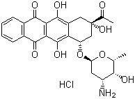 structure of CAS# 57852-57-0, Idarubicin hydrochloride;(7S-cis)-9-Acetyl-7-[(3-amino-2,3,6-trideoxy-alpha-L-lyxo-hexopyranosyl)oxy]-7,8,9,10-tetrahydro-6,9,11-trihydroxy-5,12-naphthacenedione hydrochloride