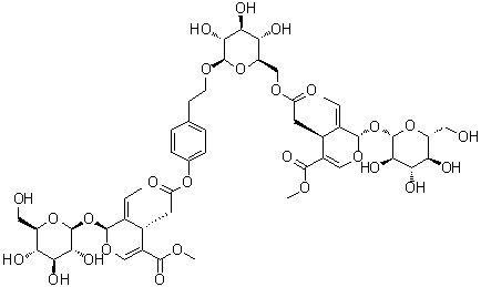 (2S,3E,4S)-3-亚乙基-2-(beta-D-吡喃葡萄糖基氧基)-3,4-二氢-5-(甲氧羰基)-2H-吡喃-4-乙酸 4-[2-[[6-O-[[(2S,3E,4S)-3-亚乙基-2-(beta-D-吡喃葡萄糖基氧基)-3,4-二氢-5-(甲氧羰基)-2H-吡喃-4-基]乙酰基]-beta-D-吡喃葡萄糖基]氧基]乙基]苯基酯分子结构 (CAS 60037-39-0)