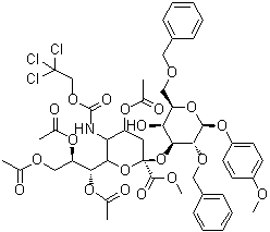 structure of CAS# 610763-72-9, 4-Methoxyphenyl 2,6-bis-O-(phenylmethyl)-3-O-[4,7,8,9-tetra-O-acetyl-1-methyl-N-[(2,2,2-trichloroethoxy)carbonyl]-alpha-neuraminosyl]-beta-D-galactopyranoside