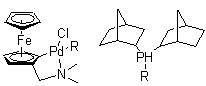 structure of CAS# 614753-51-4, 2-(Dimethylaminomethyl)ferrocen-1-yl-palladium(II) chloride dinorbornylphosphine;SK-CC 02A