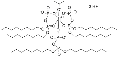 [P,P-dioctyl diphosphato(2-)-κO'']bis[P,P-dioctyl diphosphato(2-)-κO'',κO''''](2-propanolato)-Titanate(3-) hydrogen (1:3) molecular structure (CAS 62180-92-1)