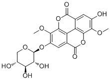 structure of CAS# 62218-23-9, 3,3'-Di-O-methyl-4-O-(beta-D-xylopyranosyl)ellagic acid;3,3'-Di-O-methylellagic acid 4'-O-beta-D-xylopyranoside; 3,3'-Di-O-methylellagic acid 4'-beta-O-xylopyranoside