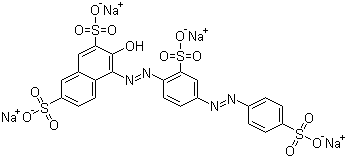 结构式 CAS# 6226-79-5, 丽春红 S; 3-羟基-4-[2-磺酸基-4-(4-磺酸苯基偶氮)苯基偶氮]-2,7-萘二磺酸四钠盐