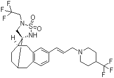 structure of CAS# 623165-93-5, MRK 003;(3'R,6S,9R)-5,6,7,8,9,10-Hexahydro-5'-(2,2,2-trifluoroethyl)-2-[(1E)-3-[4-(trifluoromethyl)-1-piperidinyl]-1-propen-1-yl]spiro[6,9-methanobenzocyclooctene-11,3'-[1,2,5]thiadiazolidine] 1',1'-dioxide