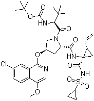 结构式 CAS# 630420-16-5, Asunaprevir; (1R,2S)-N-[(1,1-二甲基乙氧基)羰基]-3-甲基-L-缬氨酰-(4R)-4-[(7-氯-4-甲氧基-1-异喹啉基)氧基]-L-脯氨酰-1-氨基-N-(环丙基磺酰基)-2-乙烯基环丙基甲酰胺