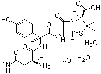structure of CAS# 63358-49-6, Aspoxicillin;(2S,5R,6R)-6-[(2R)-2-[(2R)-2-Amino-3-(N-methylcarbamoyl)-propionamido]-2-(p-hydroxyphenyl)acetamido]-3,3-dimehtyl-7-oxo-4-thia-1-azabicyclo[3.2.0]heptane-2-carboxylic acid trihydrate