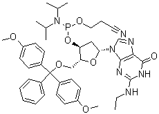 5'-O-[Bis(4-methoxyphenyl)phenylmethyl]-2'-deoxy-N-ethylguanosine 3'-[2-cyanoethyl bis(1-methylethyl)phosphoramidite] molecular structure (CAS 642462-81-5)