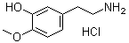 structure of CAS# 645-33-0, 4-O-Methyldopamine hydrochloride;2-(3-Hydroxy-4-methoxyphenyl)ethanamine hydrochloride; 3-Hydroxy-4-methoxy-beta-phenethylamine hydrochloride; 3-Hydroxy-4-methoxyphenethylamine hydrochloride