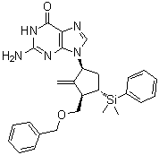 structure of CAS# 649761-24-0, 6-O-Benzyl-4-dehydroxy-4-dimethylphenylsilylentecavir;2-Amino-9-[(1S,3R,4S)-4-(dimethylphenylsilyl)-2-methylene-3-[(phenylmethoxy)methyl]cyclopentyl]-1,9-dihydro-6H-purin-6-one