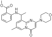 structure of CAS# 663620-71-1, Methyl 2-[[1-[7-methyl-2-(morpholin-4-yl)-4-oxopyrido[1,2-a]pyrimidin-9-yl]ethyl]amino]benzoate;2-[[1-[7-Methyl-2-(4-morpholinyl)-4-oxo-4H-pyrido[1,2-a]pyrimidin-9-yl]ethyl]amino]benzoic acid methyl ester