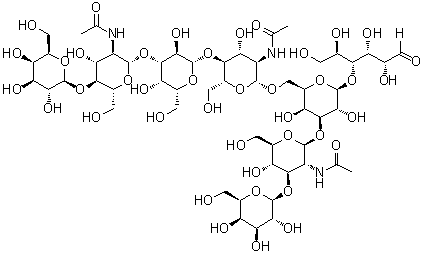 O-beta-D-Galactopyranosyl-(1→4)-O-2-(acetylamino)-2-deoxy-beta-D-glucopyranosyl-(1→3)-O-beta-D-galactopyranosyl-(1→4)-O-2-(acetylamino)-2-deoxy-beta-D-glucopyranosyl-(1→6)-O-[O-beta-D-galactopyranosyl-(1→3)-2-(acetylamino)-2-deoxy-beta-D-glucopyranosyl-(1→3)]-O-beta-D-galactopyranosyl-(1→4)-D-glucose molecular structure (CAS 67319-96-4)